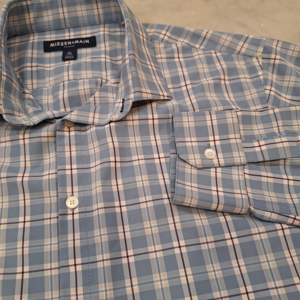 Mizzen+Main Leeward Dress Shirt Mens XL Blue Plaid Trim Fit Performance Luxury